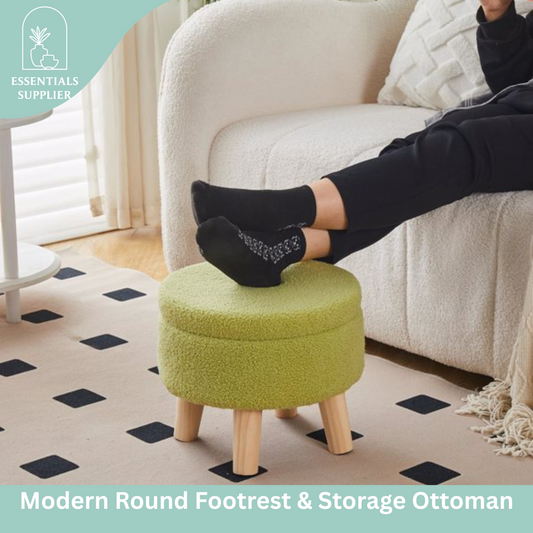Round Storage Ottoman, Teddy Velvet Footrest with Wood Legs for Living Room, Green