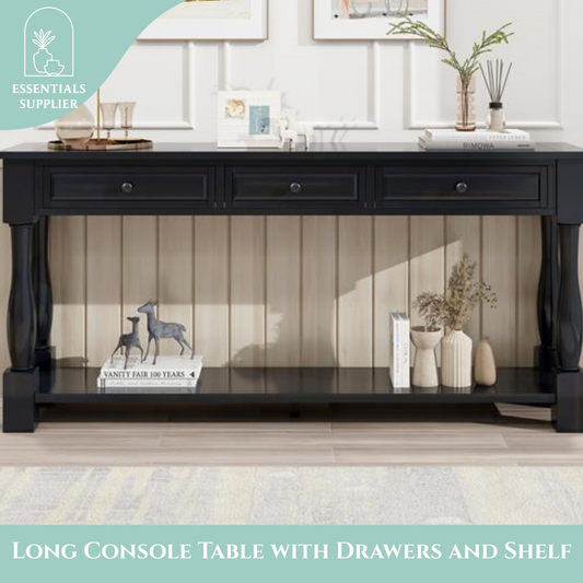 63" Black Console Table with Drawers & Shelf for Entryway, Hallway, Living Room