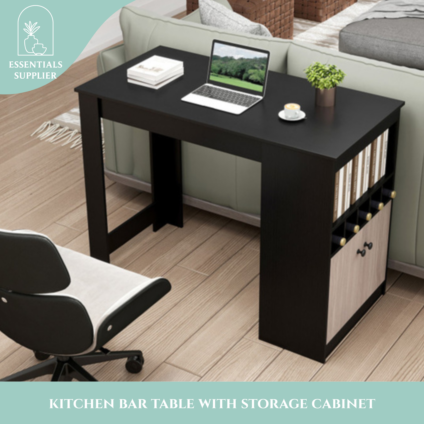 48" Black Kitchen Bar Table with Storage Cabinet and Built-In Wine Rack