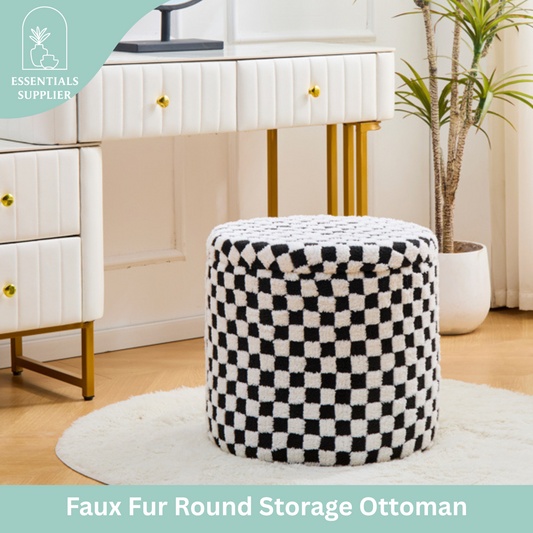 Round Black Faux Fur Ottoman with Storage – Footrest for Bedroom or Vanity