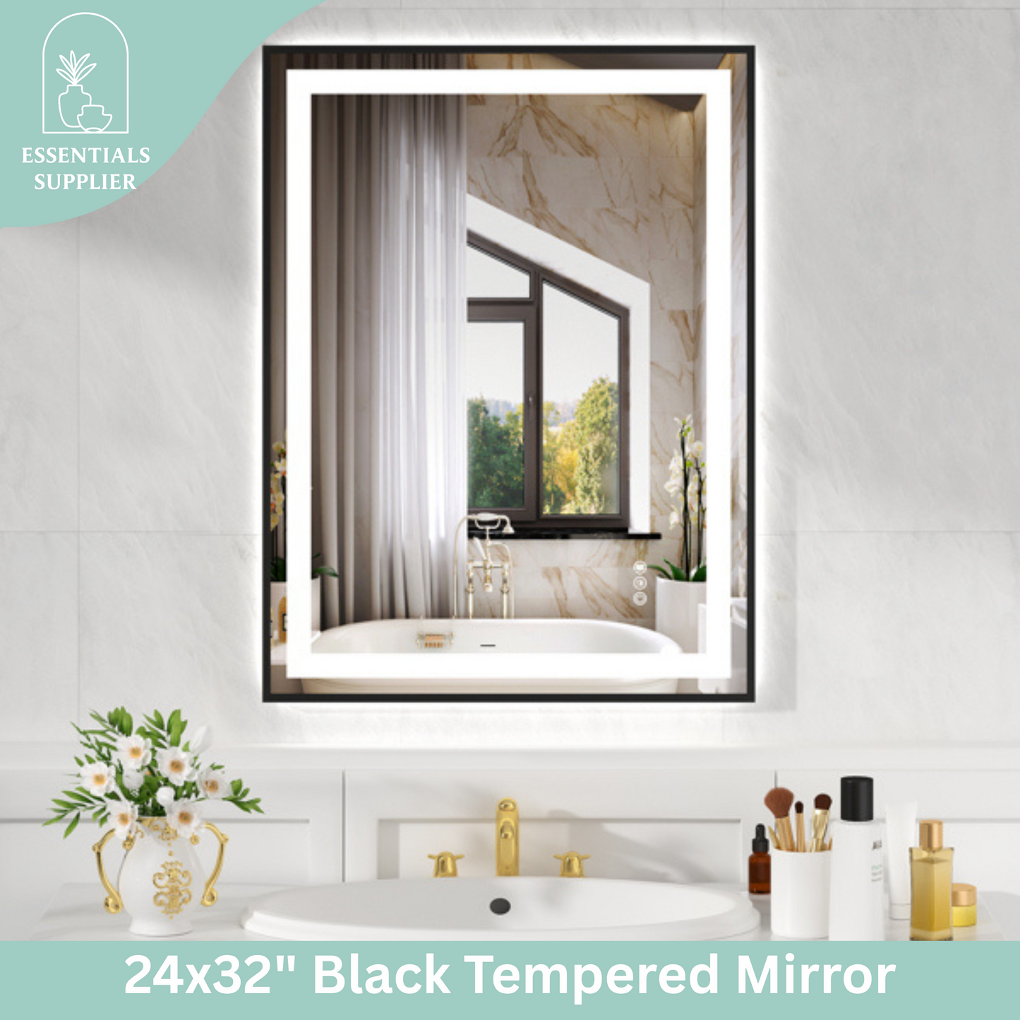 24x32" Black Framed LED Mirror with Dual Front & Back Light Strips
