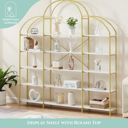 74.8" 5-Tier Bookshelf with Round Top, Gold Frame & X-Bar, Office Display Shelf
