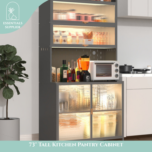 73'' Tall Grey Kitchen Pantry Cabinet with Flip Doors & Pegboard Storage