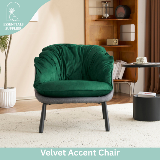 Modern Velvet Barrel Accent Chair with Metal Legs – Green Armchair