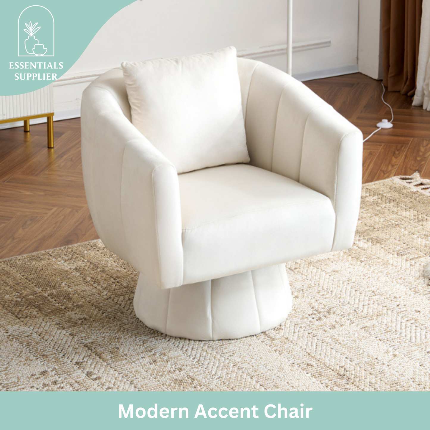 360° Swivel Velvet Accent Chair with Fluffy Cushion – Off White