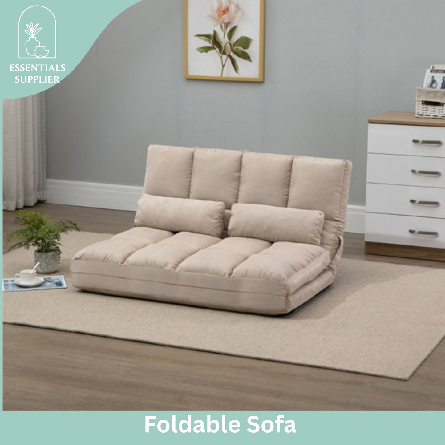 3-in-1 Adjustable Floor Sofa Bed with Backrest & Headrest – Beige