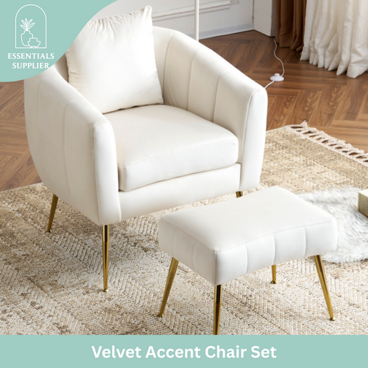 Velvet Barrel Chair with Ottoman & Lumbar Pillow – Off White  Accent Set