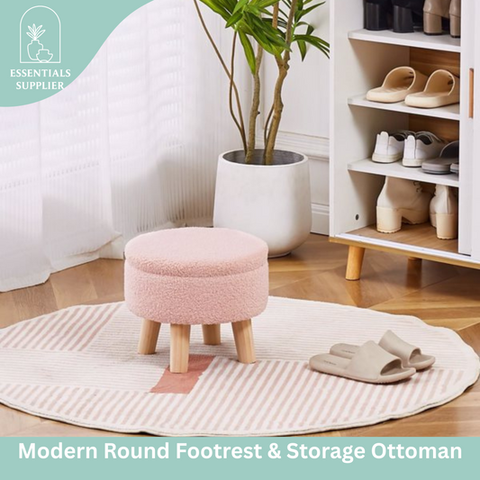 Round Storage Ottoman, Teddy Velvet Footrest with Wood Legs for Living Room, Pink