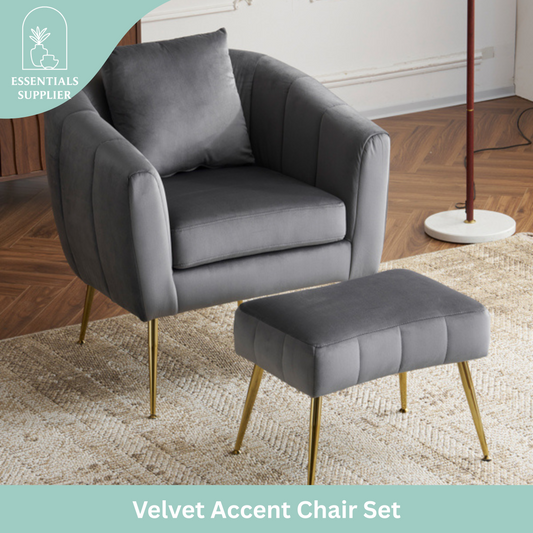 Velvet Barrel Chair with Ottoman & Lumbar Pillow – Gray Accent Set