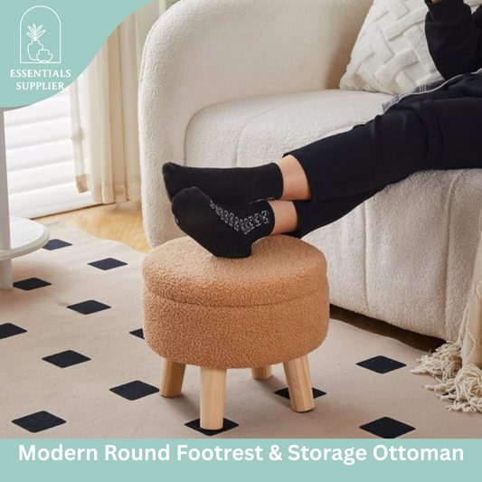 Round Storage Ottoman, Teddy Velvet Footrest with Wood Legs for Living Room, Brown