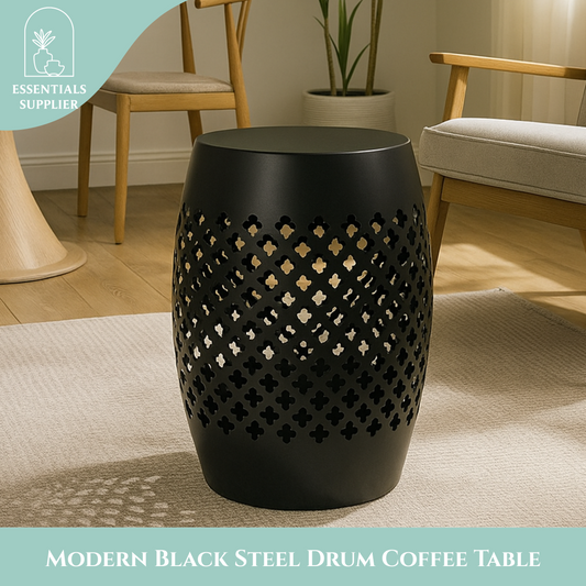 Modern Black Steel Drum Coffee Table with Decorative Cutout Design