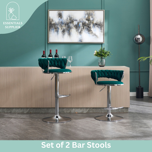 Set of 2 Green Velvet Bar Stools with Chrome Base & Swivel Adjustable Height