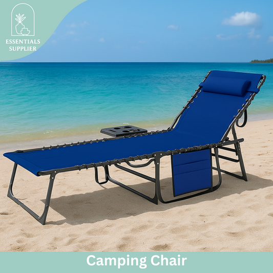 Dark Blue Reclining Foldable Lounge Chair with Pillow & Mesh Fabric