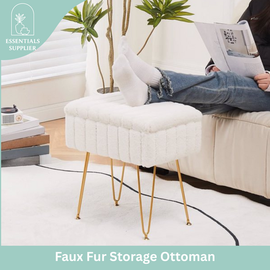 Faux Fur Ottoman with Storage – Vanity Stool & Footrest for Bedroom, Cream