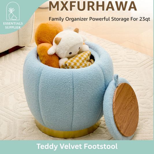 Modern Round Storage Ottoman Footrest with Soft Seat, Velvet Stool Accent, Blue