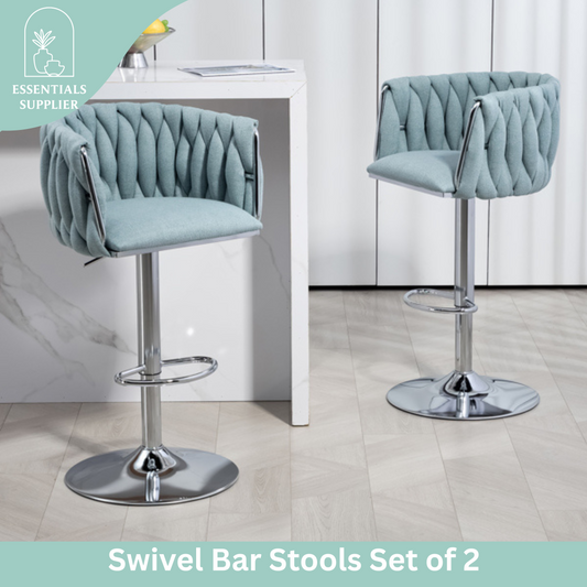 Set of 2 360° Swivel Fabric Bar Stools with Woven Back, Adjustable Height, Blue