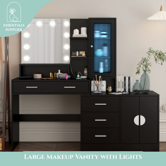 Large Vanity Table with Mirror, LED Lights, Drawers & Charging Station