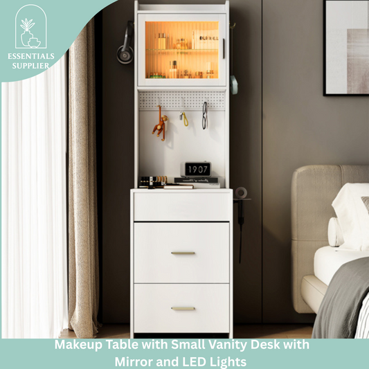 Compact Vanity Desk with Mirror, LED Lights, Charging Station & Stool, White