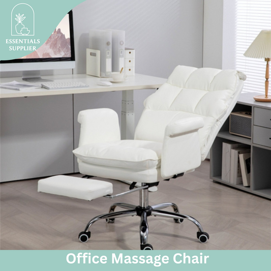 White Massage Office Chair with Reclining Back, Footrest & PU Leather Finish