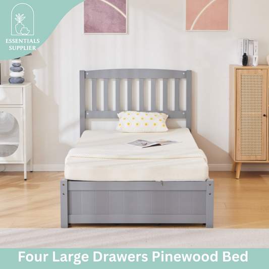 Twin Pine Wood Platform Bed with 4 Storage Drawers & Curved Headboard – Gray