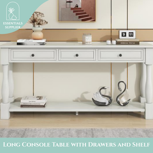 63" White Console Table with Drawers & Shelf for Entryway, Hallway, Living Room