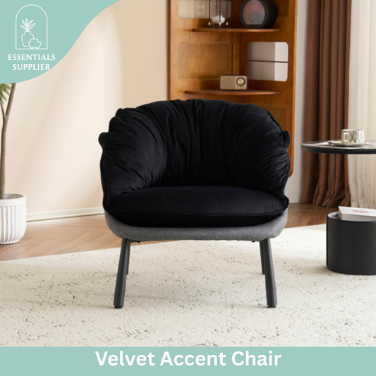Modern Velvet Barrel Accent Chair with Metal Legs – Black Armchair