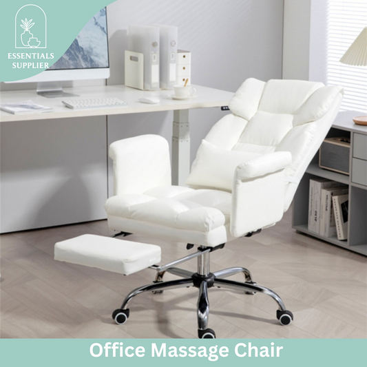 White Massage Office Chair with Reclining Back, Footrest & PU Leather Finish