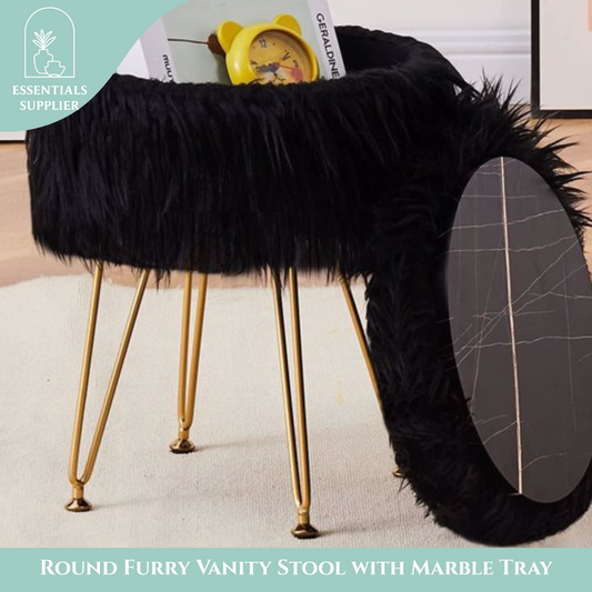 Faux Fur Ottoman Stool with Marble Tray, Footrest & Storage, Black Vanity Seat