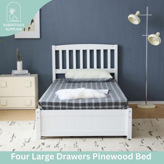 Twin Pine Wood Platform Bed with 4 Storage Drawers & Curved Headboard – White