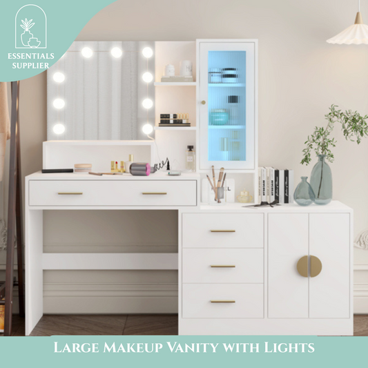 Large Vanity Table with Mirror, LED Lights, Drawers & Charging Station, White