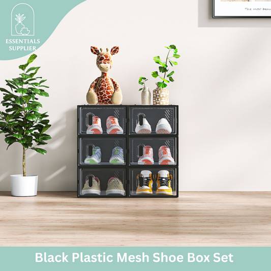 6-Pack Black Plastic Mesh Shoe Boxes – 33x23x14cm Modular Storage Set