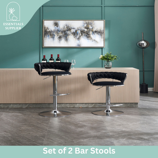 Set of 2 Black Velvet Bar Stools with Chrome Base & Swivel Adjustable Height
