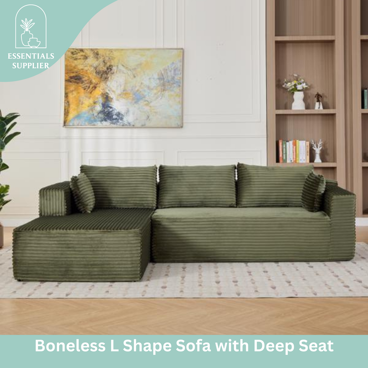 Modular L-Shaped Corduroy Sectional Sofa with Chaise – Green
