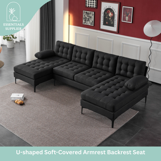 U-Shaped Sectional Sofa – Black Upholstery, Wooden & Iron Frame with Black L