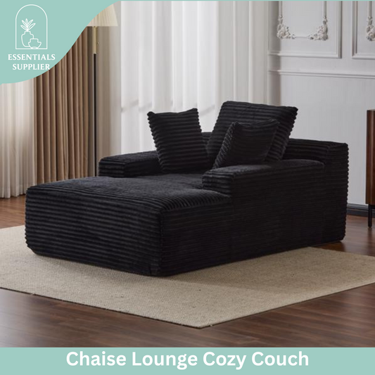 Oversized Chaise Lounge Chair – Plush Corduroy Cloud Couch with 3 Pillows, Black