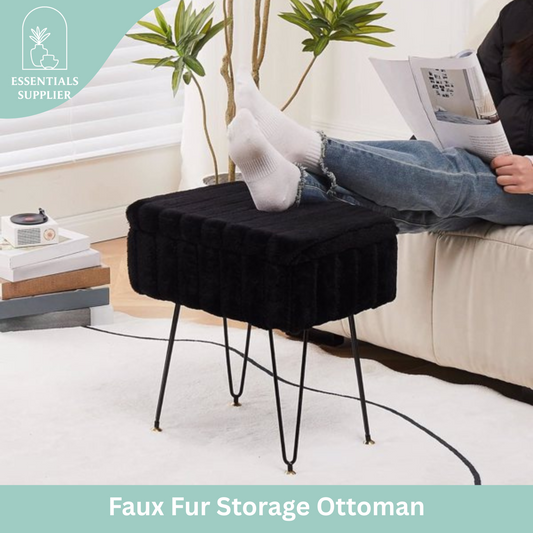 Faux Fur Ottoman with Storage – Vanity Stool & Footrest for Bedroom, Black
