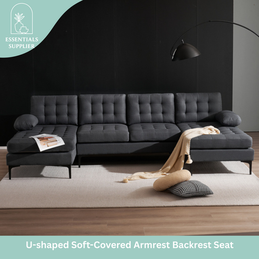 U-Shaped Sectional Sofa – Dark Gray Upholstery, Wooden & Iron Frame with Black L
