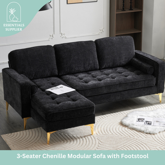 3-Seater Chenille Modular Sofa with Footstool, Gold Legs – Black