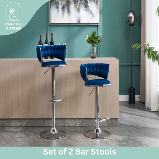 Set of 2 Blue Velvet Bar Stools with Chrome Base & Swivel Adjustable Height