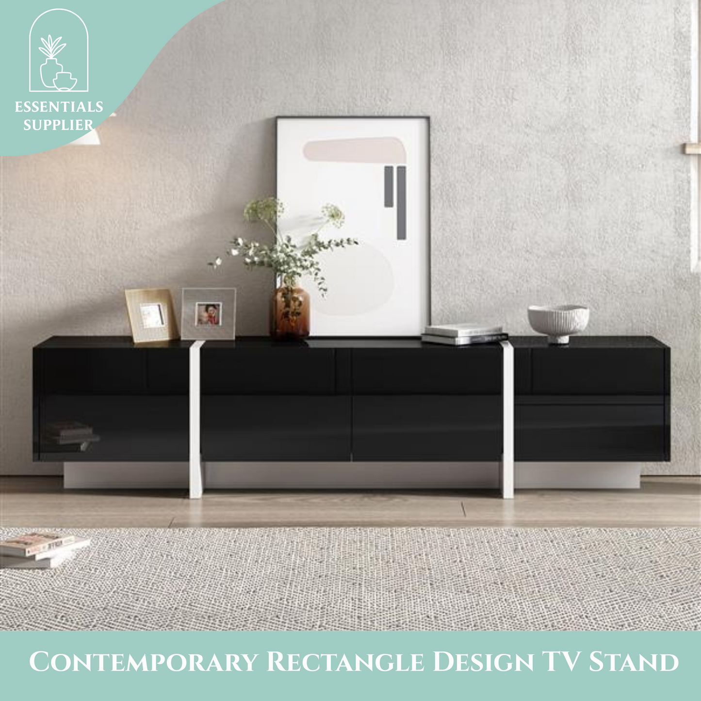 Modern Black & White TV Stand, Fits TVs Up to 80'', High Gloss Cabinet