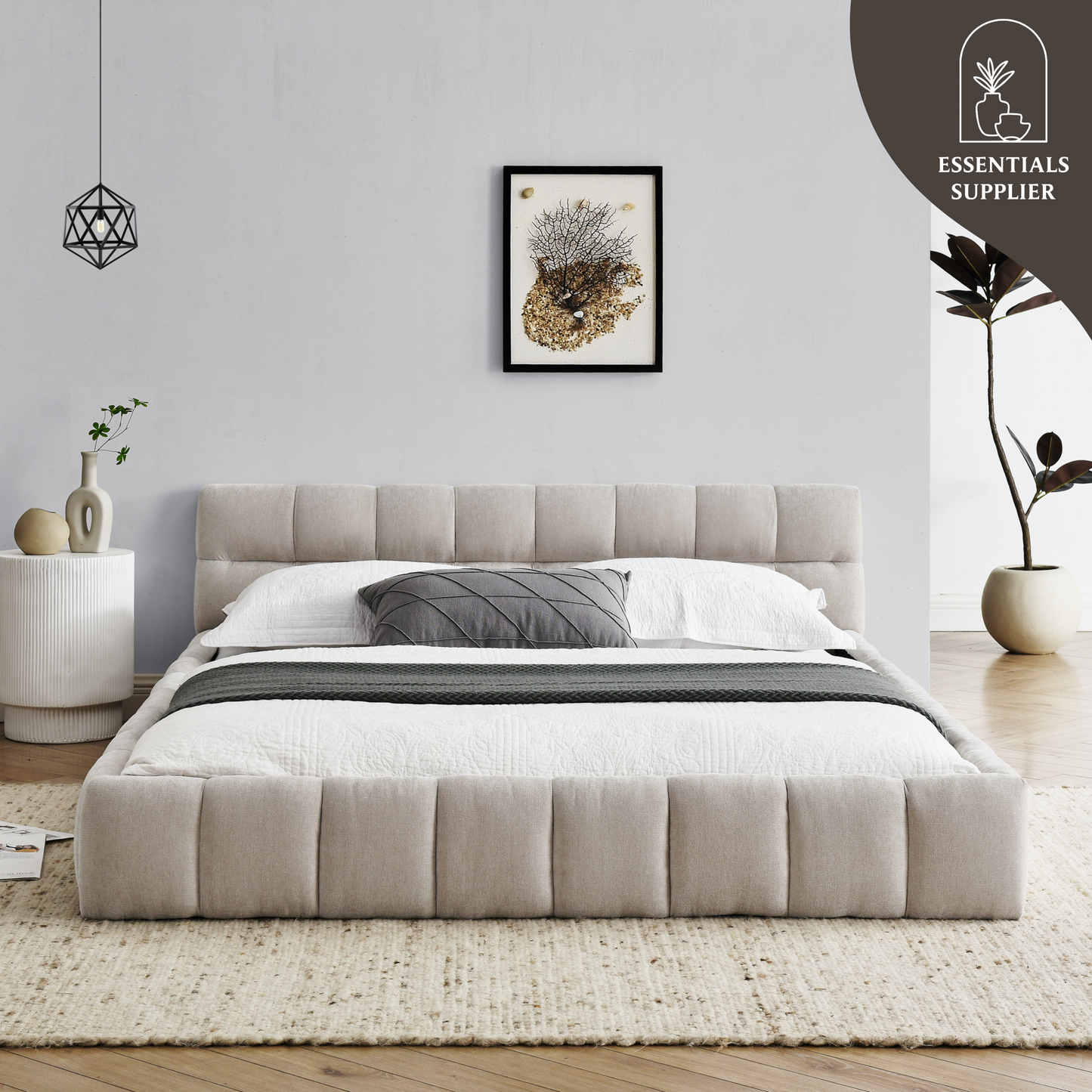 Queen Upholstered Platform Bed Frame with Headboard, Chenille Fabric, Beige