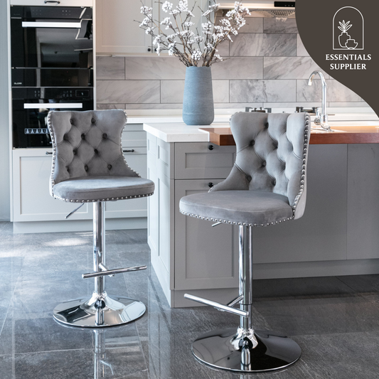 Set of 2 Gray Velvet Swivel Barstools, Adjustable Height 25–33", with Backs