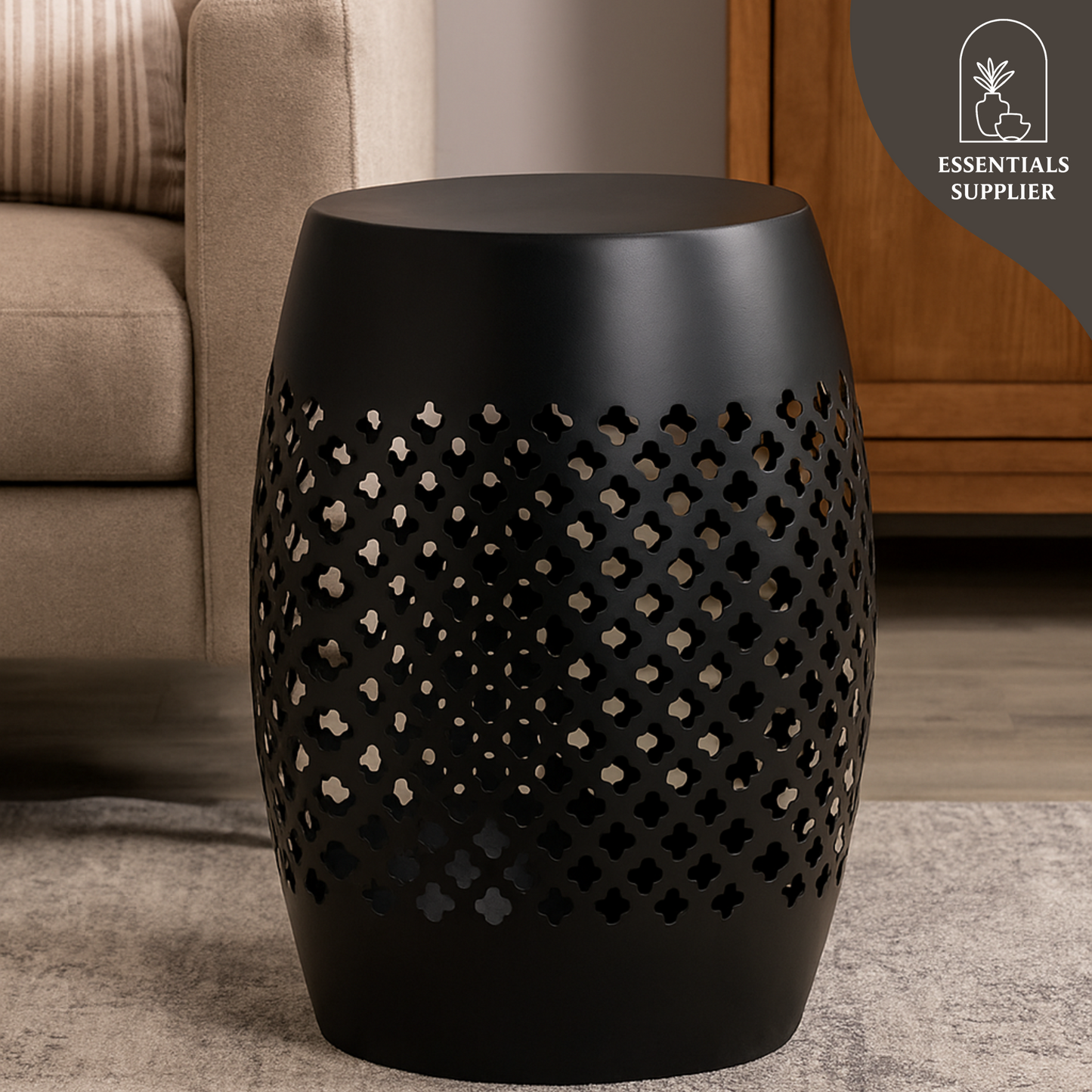 Modern Black Steel Drum Coffee Table with Decorative Cutout Design