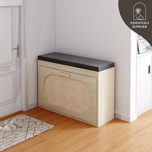 Rattan Shoe Cabinet Bench with Flip Drawer & Cushion for Hallway Storage