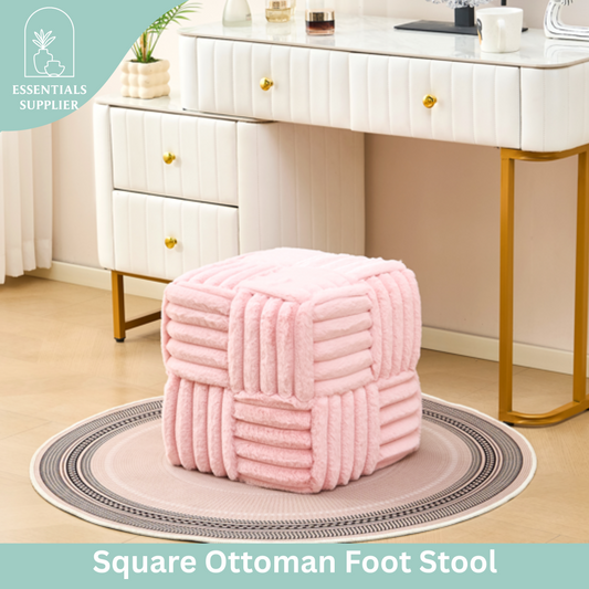 Pink Corduroy Ottoman Vanity Stool – Square Footrest for Bedroom & Entryway