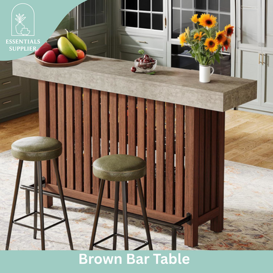 63" Brown Modern Bar Table with 2-Tier Storage, Footrest & Cement Texture Finish