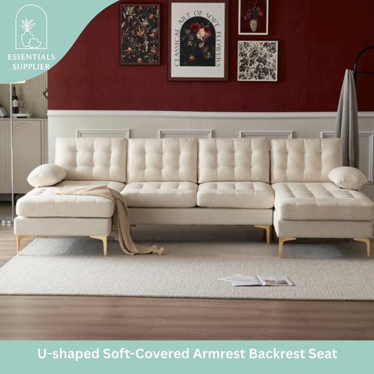 U-Shaped Sectional Sofa – Soft Armrest & Backrest, Wooden & Iron Frame with Gold Legs, Beige Upholstery