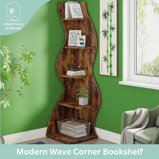 Brown Wavy 5-Tier Corner Bookshelf – Modern Sculpted Bookcase Storage Rack