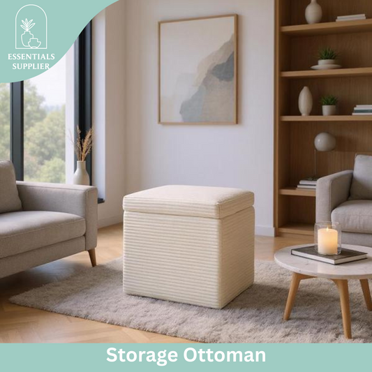 Beige Corduroy Storage Ottoman with Hidden Compartment – 16.5” Cube Seat