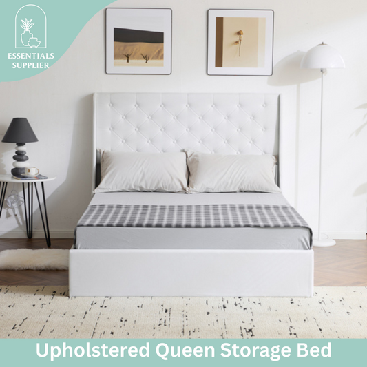 Queen Upholstered Storage Bed Frame with 4 Drawers & Wingback Tufted Headboard